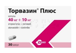 Торвазин Плюс по цене от 785,00 рублей, купить в аптеках Иркутска, капс. 40 мг+10 мг №30 Аторвастатин, Эзетимиб