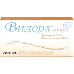 >Видора микро табл. п/о пленочной 3 мг+0.02 мг №28 в наборе таблетки 2-х видов - розовые (дроспиренон 3 мг+этинилэстрадиол 20 мкг) 24 шт + белые (плацебо) 4 шт