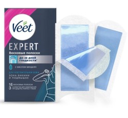 Восковые полоски для депиляции Veet Эксперт для чувствительной кожи бикини и область подмышек с маслом миндаля с салфетками 16 шт.